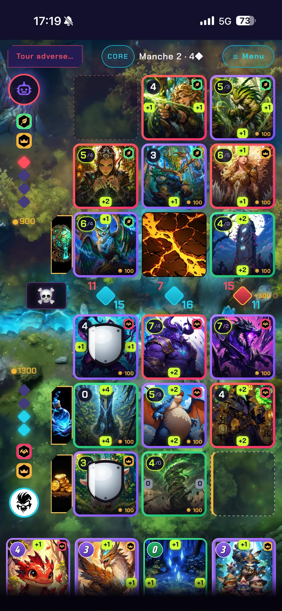 Lanes Invokers game board: both camps, three lanes, attack totals and Crystals.
