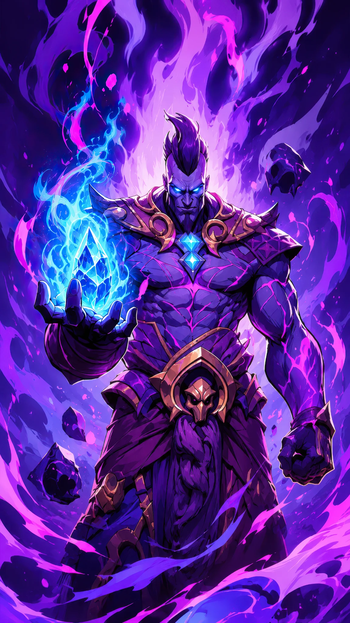 Storm holding a glowing blue Crystal, surrounded by violet flames.